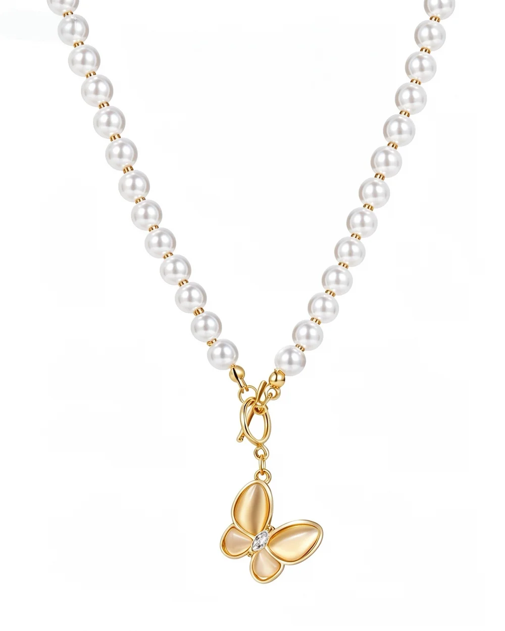 The Opalescent Butterfly Toggle Alloy Pearl Chain Necklace in Gold White